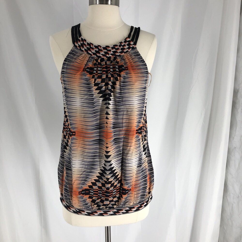 BCBG MaxAzria Orange & Black Patterned Sleeveless Halter Style Top Size Medium